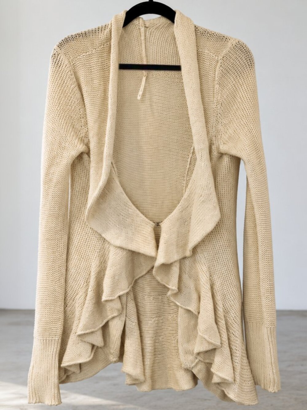 Free People Romantic Boho Ruffle Knit Cardigan Cream Ivory 100% Cotton - Size XS
